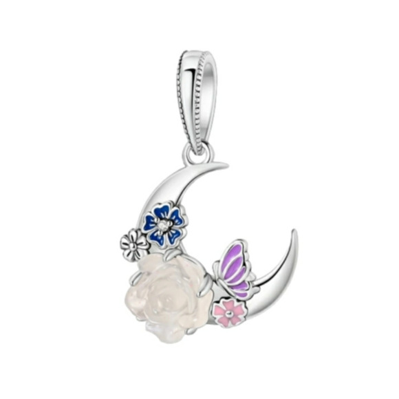 Dangle Cresent Moon Rose Bracelet Charm 925 Sterling Silver Fairycore Coquette - Picture 1 of 7